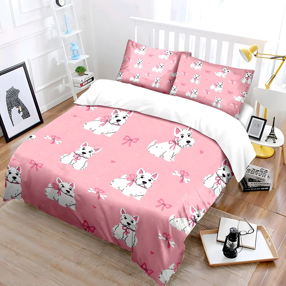 Pink background with white dog Pattern Duvet Cover Set Digital Print Polyester Bedding with Zipper Closur for kids gifts