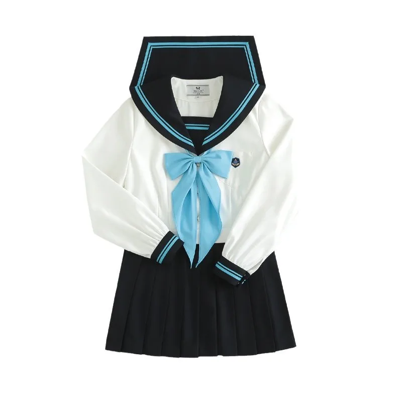 2026 New Japanese School Uniform Girls Plus Size Jk Suit Spring Blue Tie White Three Basic Sailor Uniform Women Long Skirt Suit