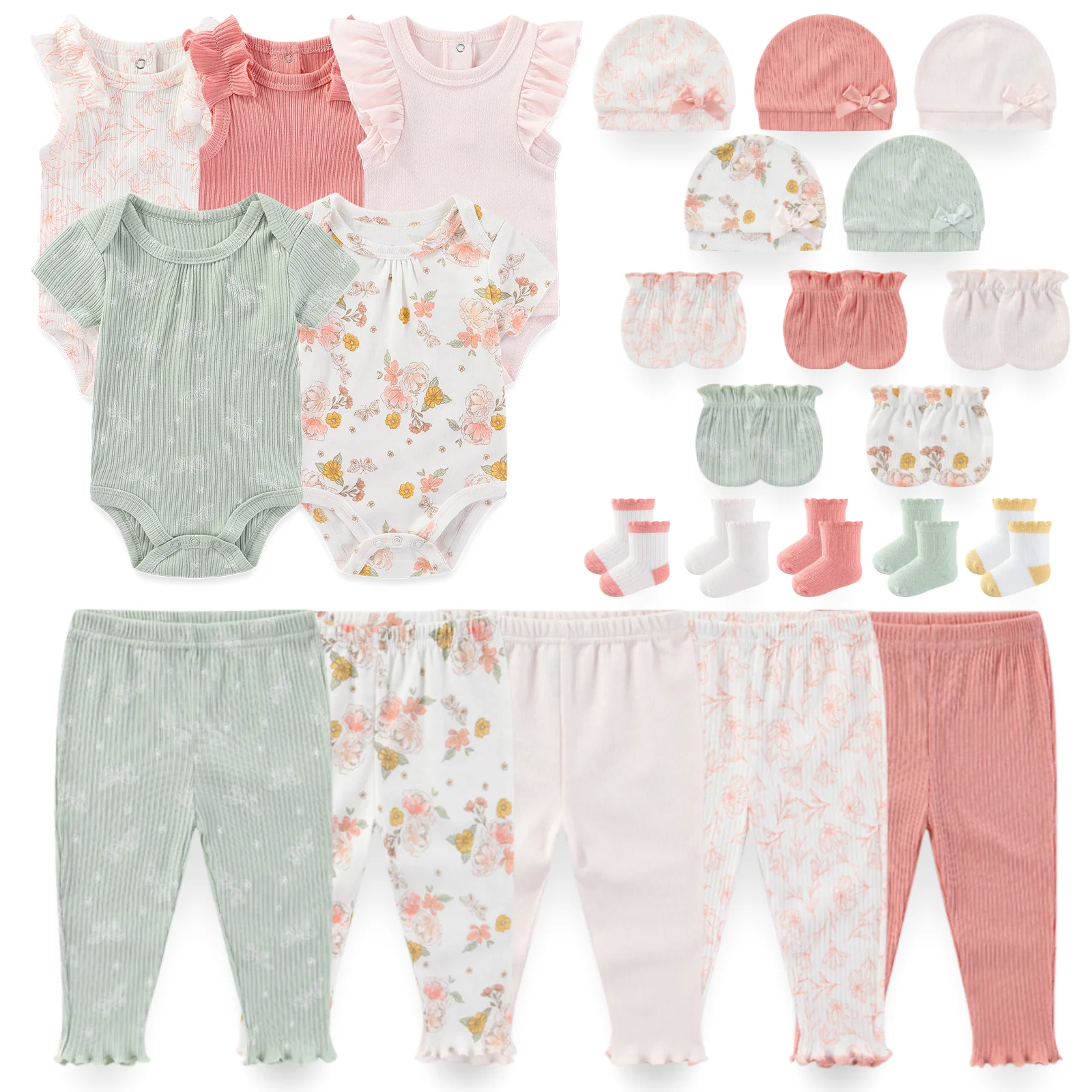 kiddiezoom-25-piezas-conjunto-de-algodon-unisex-para-bebe-de-0-a-12-meses-body-de-manga-corta-pantalones-gorro-calcetines-estampado-solido-mixto-conjunto-diario-para-todas-las-estaciones