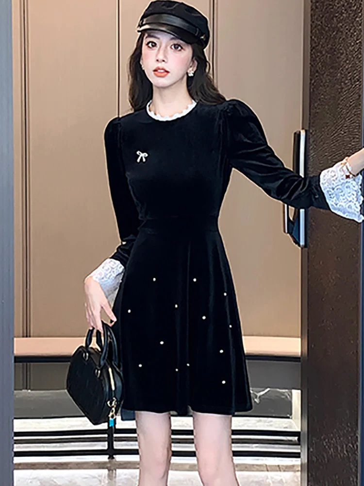 Robe longue en velours noir à volants et perles, tenue de soirée de luxe, Vintage coréenne, élégante, moulante, automne hiver 2025