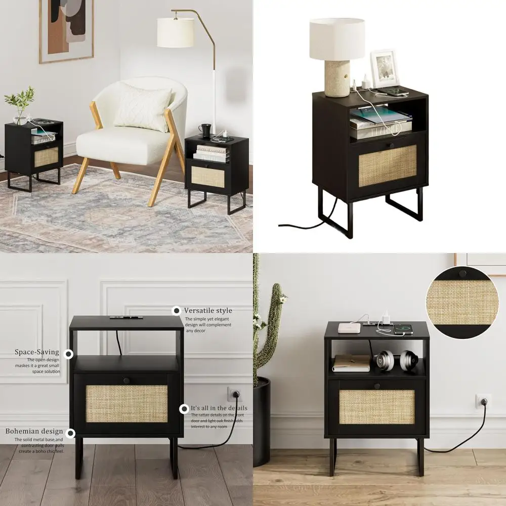 

Charging Station Nightstand in Rattan, Modern Farmhouse Style Wood Side Table with Storage and Shelf, Compact Black Frame End Ta