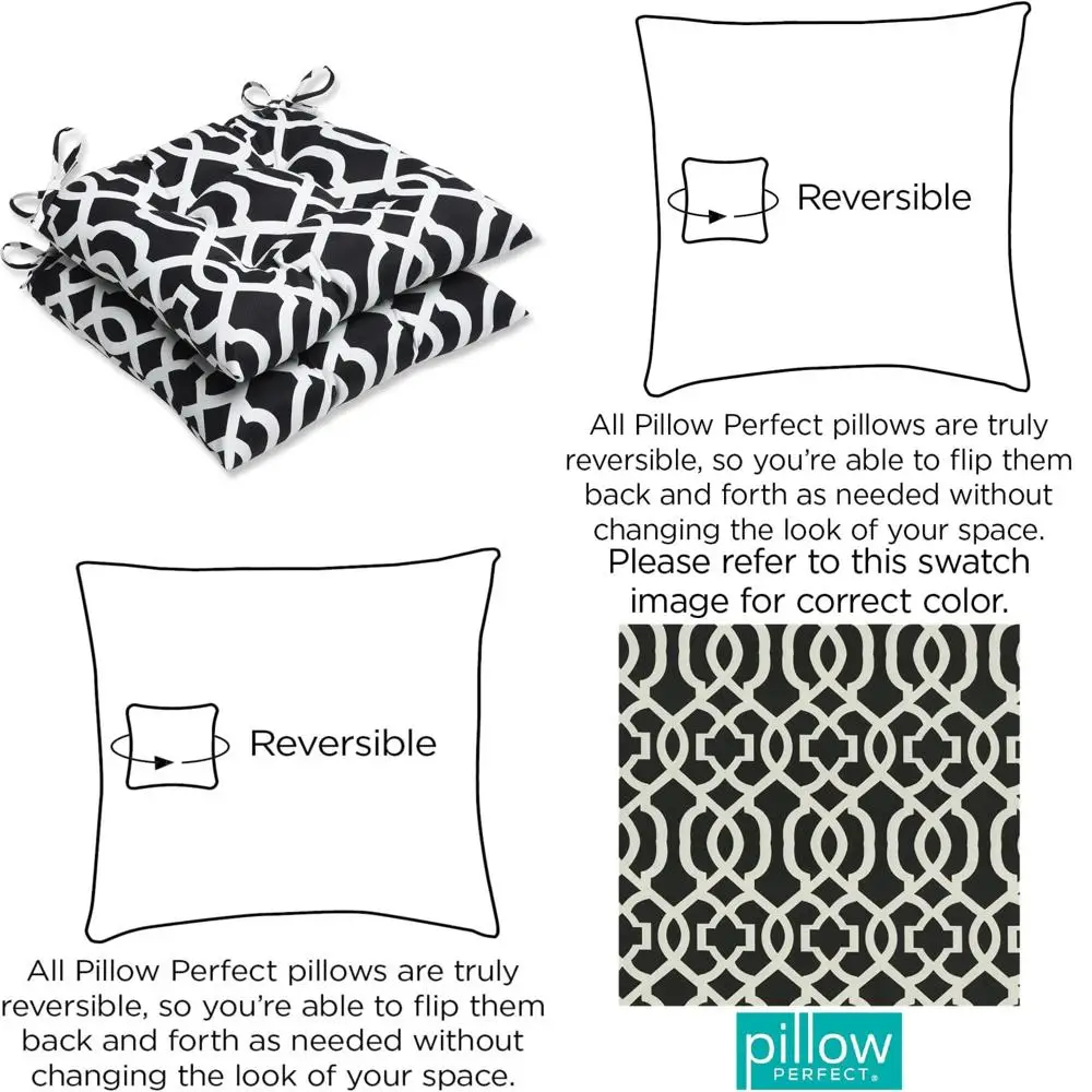 

Pillow Perfect Trellis Pattern Chair Cushion, Outdoor-Friendly, Tied, Weather and Fade Resistant, 18.5 x 19, Black Geometric Des