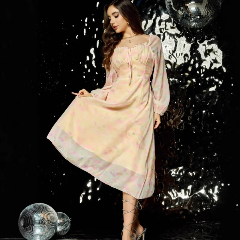 Vestido floral de manga larga vintage exquisito otoño invierno estilo francés