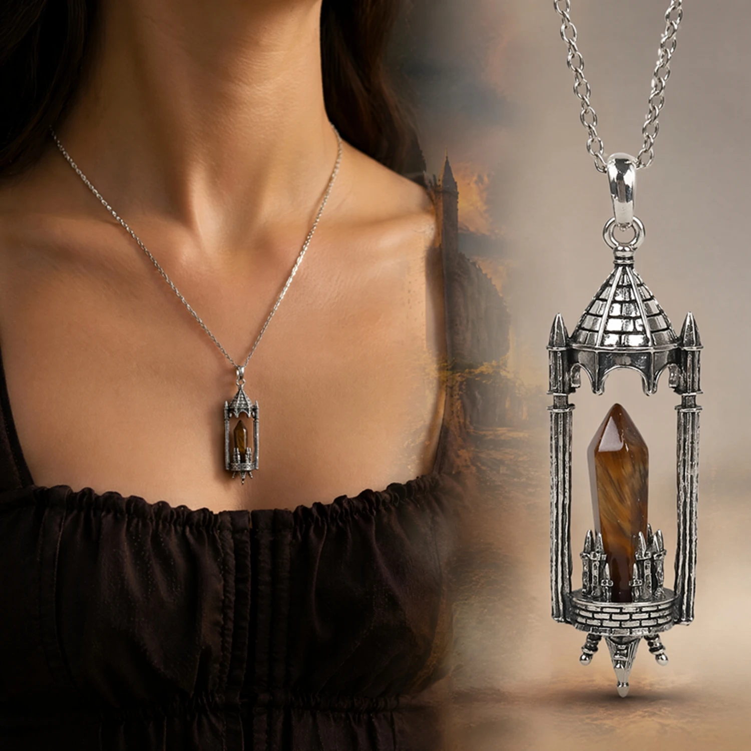 Hot Natural Crystal Pendant Hexagonal Prism Charm Castle Lantern Magic Lamp of Aladdin Wish Fulfilled Jewelry Pendant Necklace