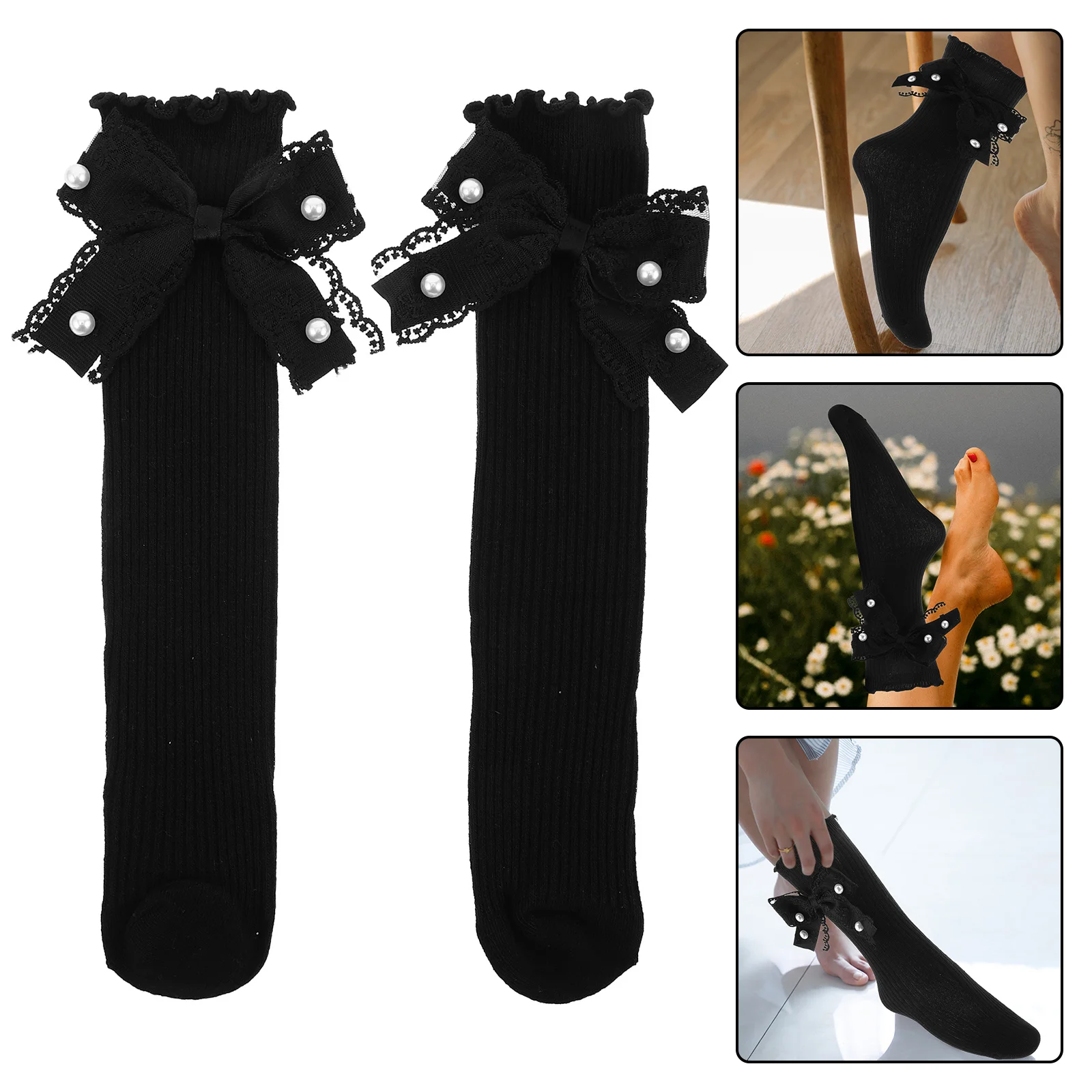 

1Pair Lace Mid Tube Socks for Girls Japanese Style Cute Bow Trim Breathable Cotton for Lolita Outfits Fashion
