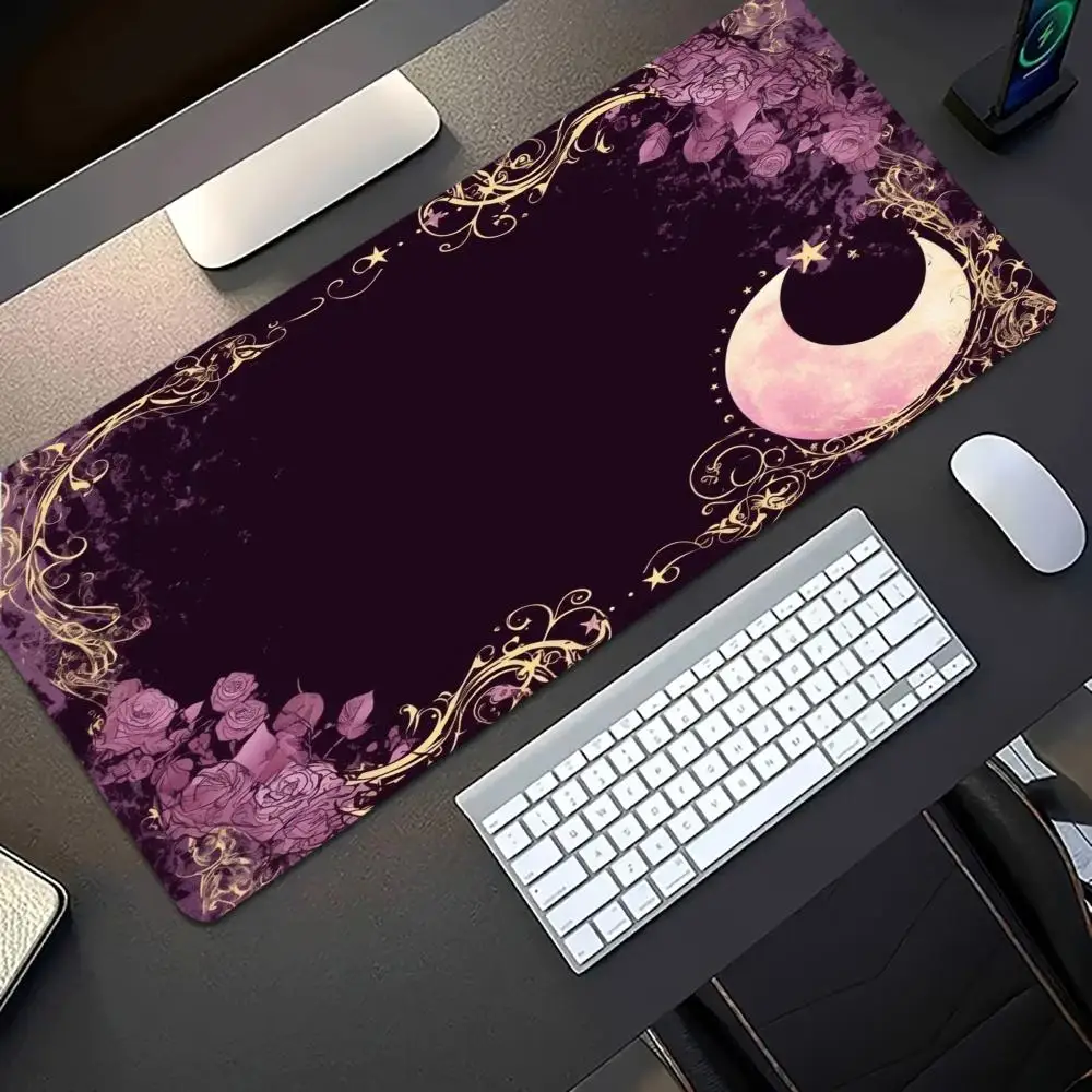 Purple Floral Crescent Moon Galaxy Large Gaming Mouse Pad Non Slip Rubber Desk Mat for PC Laptop Office Home Gaming Setup