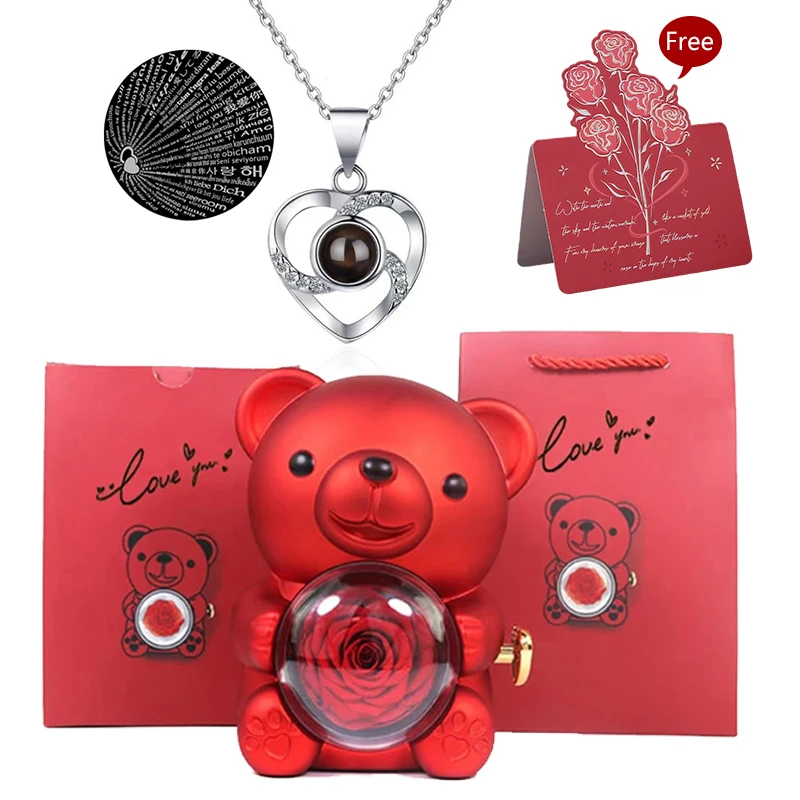 

Preserved Rose Mini Teddy Bear Box Romantic Anniversary Present Eternal Rose Gift Box Wedding birthday Gift for Girlfriend Mom