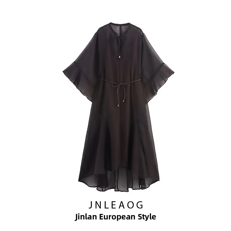 Losse taille ontwerp dames Dr herfst nieuwe Sle Wind ontwerp losse pasvorm taille cinched lange rok zes Sve casual polyester...