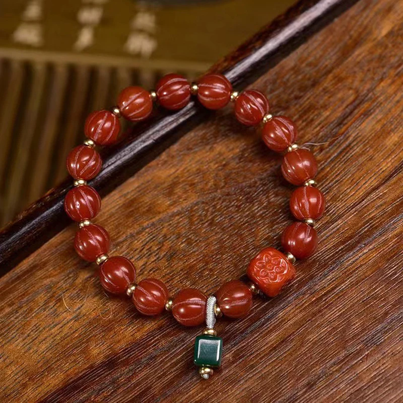 Natural beaded bracelet, single-loop Tibetan-style Buddhist beads, malachite and southern agate accessories, red b