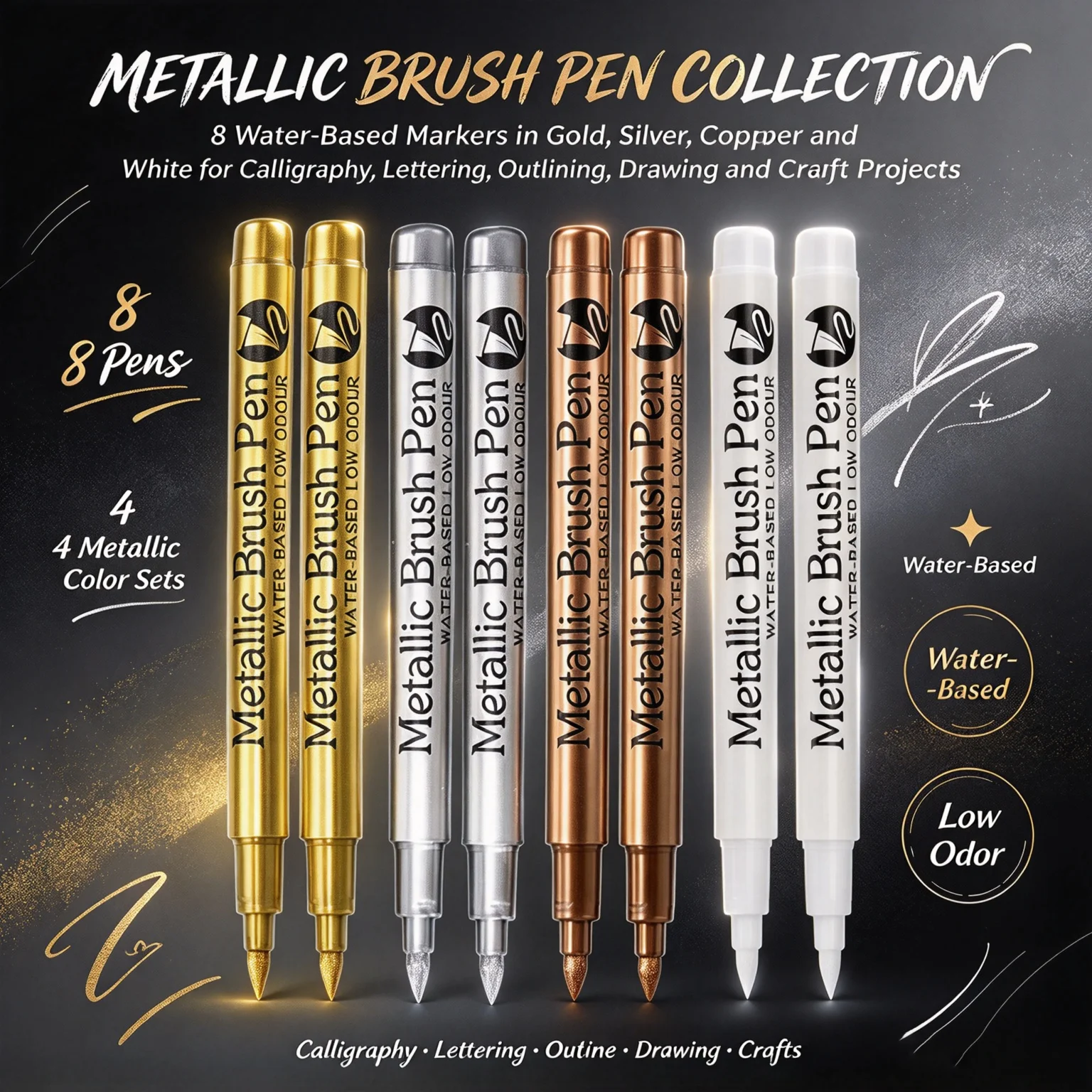 Art Craft Stationery - Brush Tip Metallic Marker Pens White/Gold/Silver/Copper