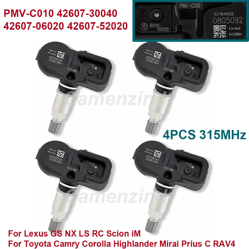 

4 шт. для Lexus GS NX LS Scion Toyota Camry Corolla Mirai Prius RAV4 315 МГц PMV-C010 42607-30040 42607-06020 PMVC010 ДАТЧИК TPMS