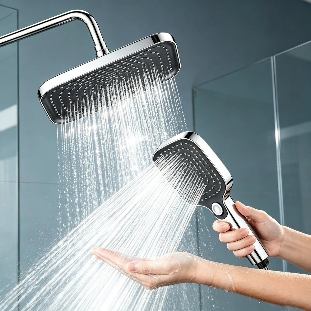2 Pieces of Silver Square Large-top Shower Head and Handheld Shower Head, Household Booster Shower Head, Bathroom Shower Head