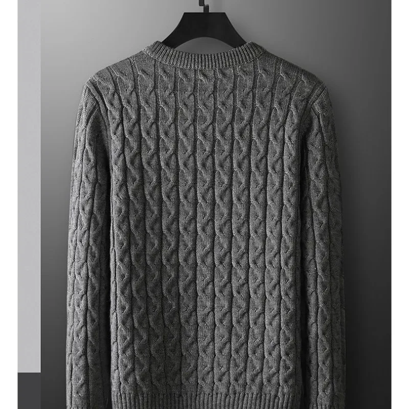 Spring and Autumn 2023 Men's round neck pullover solid Fried Dough Twists thread casual elegant commuting long sleeved sweater