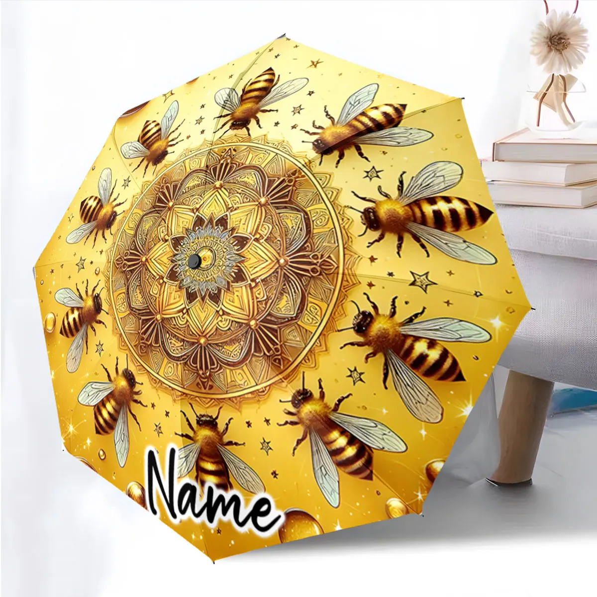 Custom Name Umbrella Mandala and Bee Pattern Umbrella Design Print 8 Iron Ribs Folding Umbrella Auto-Open Fashion Sunshade
