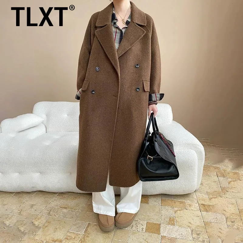 

TLXT Elegant Women's 100% Wool Thick Warm Coats Double Breasted Lapel Office Lady Long Outerwear Temperament 2025 Winter New