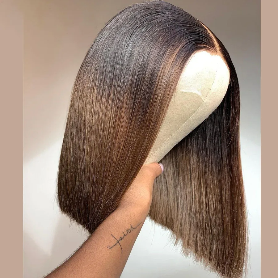 Curto bob macio 180 densidade longo ombre marrom em linha reta peruca dianteira do laço profundo para preto feminino com cabelo do bebê sem cola natural linha fina