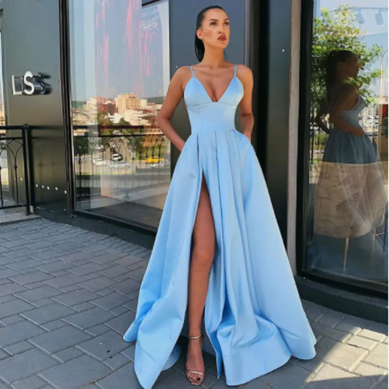 Customized A-Line Women Evening Dresses Spaghetti Straps V-Neck Side Slit Prom Party Gowns Vestido De Noche robes de soirée