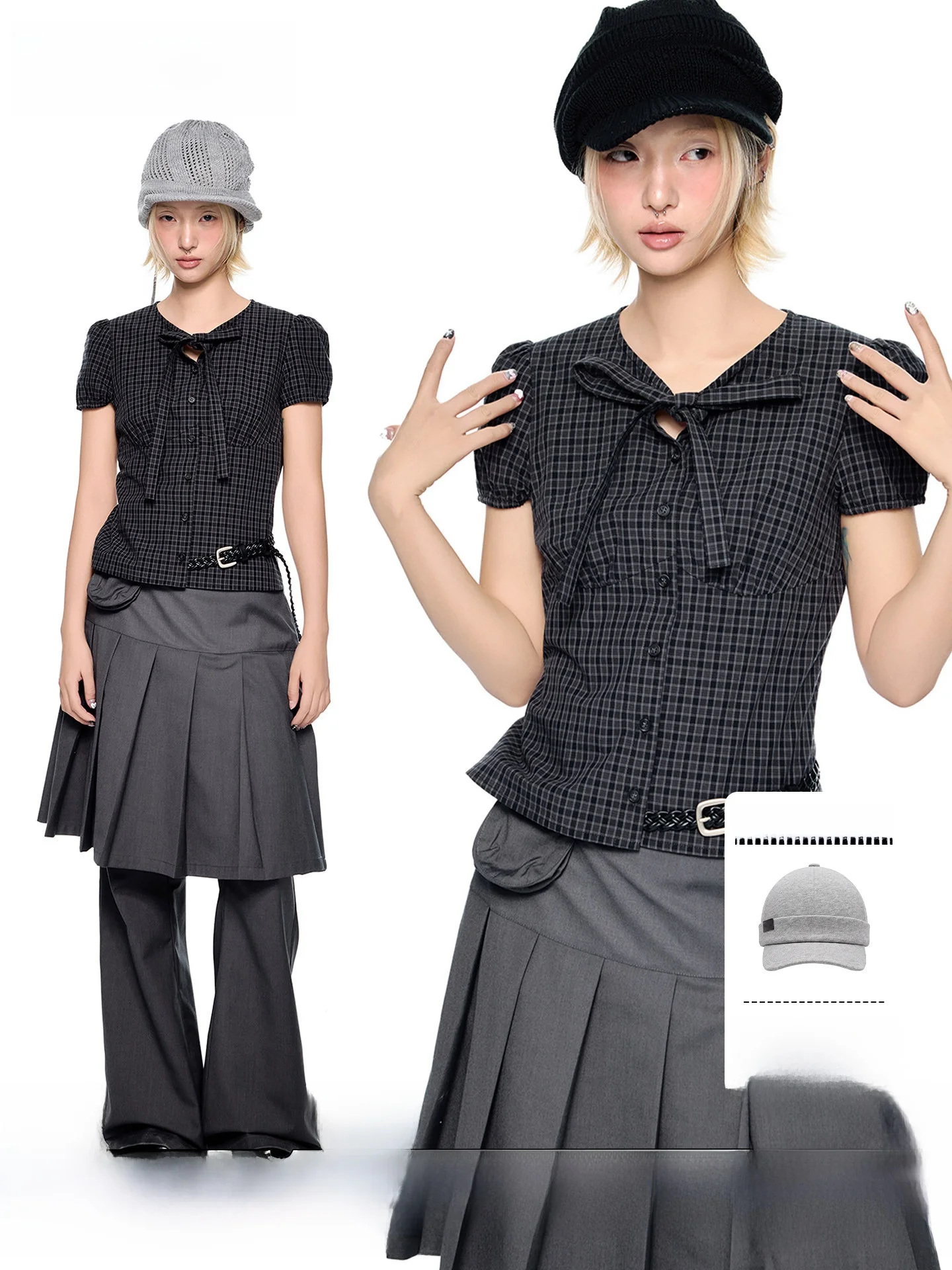 

EZEK Plaid Tie Knot Bubble Sleeve Short Sleeve T-Shirt Women Summer New Vintage Casual Slim Fit Top Cotton Shirt
