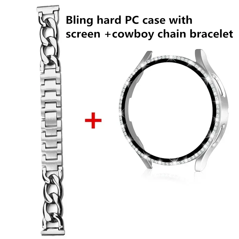 Bling Case+Bracelet for Samsung Galaxy Watch 7 6 5 4 40 44mm Metal Cowboy Chain Strap Screen Protector Galaxy Watch 4 5 6 7 Band