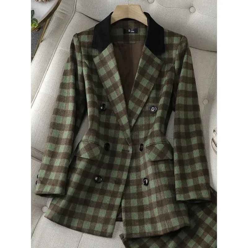 Herfst Winter Dikke Losse Blazer Vrouwen Groene Abrikoos Plaid Dames Lange Mouw Drievoudige Rij Rij Knopen Jas Dames