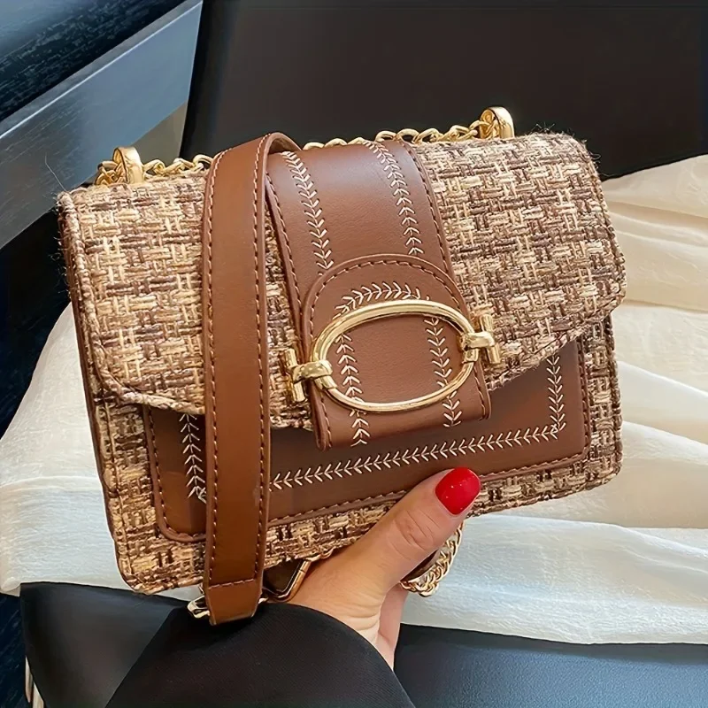 Chic Mini Plaid Tweed Crossbody Bag with Adjustable Strap, Fashionable Buckle Closure - Available in Cream, Green, Blue, Black view 2