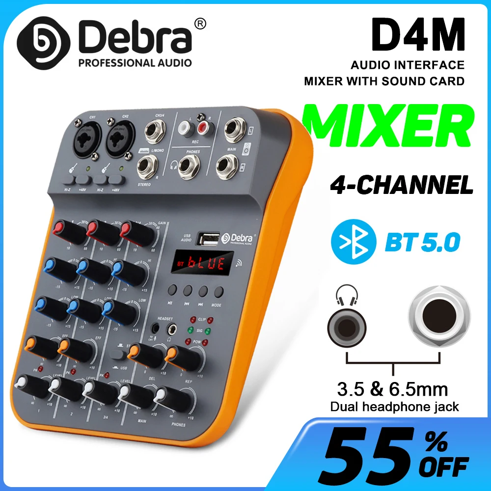 

Debra Audio Mixer, 4-Channel DJ Console with USB Soundcard 48V 5.0 Bluetooth Connection for Live in Studio, Microphone