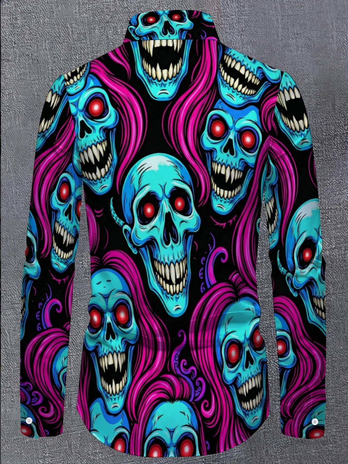 Men Long Sleeve Button Down Shirt Blue Skull Purple Hair Print Polyester Lapel Collar Halloween Party