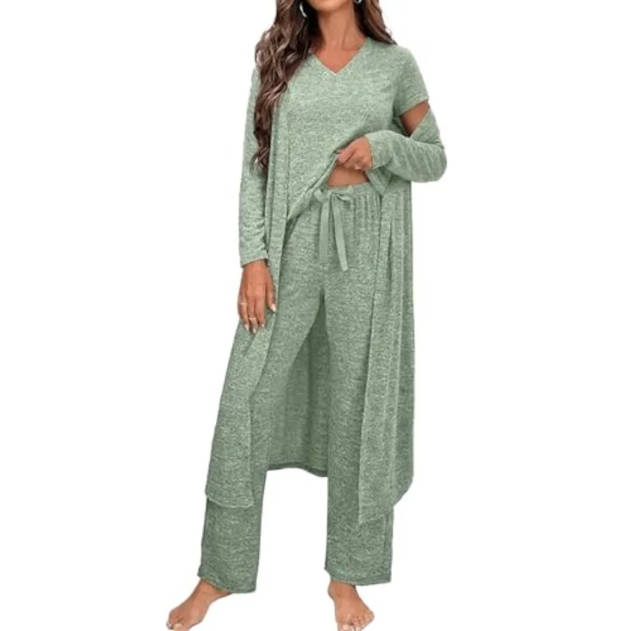 

Opemiby Womens Pajamas Set Knitted T Shirt and Pants Lounge Set with Cardigan 3 Pieces Sleepwear Pjs Sets Loungewear