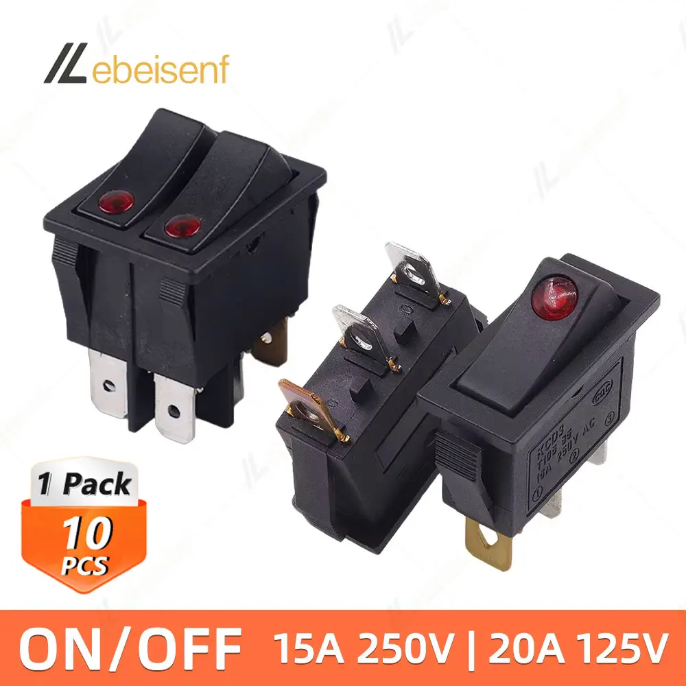 10 Pcs KCD3 Rocker Switch ON OFF Red Indicator Light 3 Pin 15A 250V 20A 125V Snap-in Panel Mount Boat Car Marine Power Switch