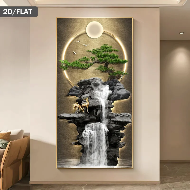 1 Stück rahmenloses Leinwandgemälde, großer moderner Leinwanddruck mit Wasserfallmotiv, ungerahmte asiatische Landschaftswandkunst mit Hirsch und Bonsai-Baum – Detail 5