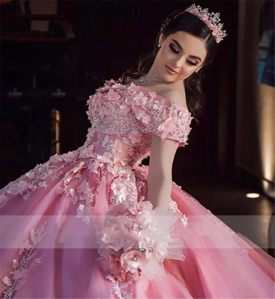 Vestidos de quinceañera rosa con hombros descubiertos, ropa de baile de graduación, vestidos de fiesta de cumpleaños brillantes, dulce 16, desfile de depuración