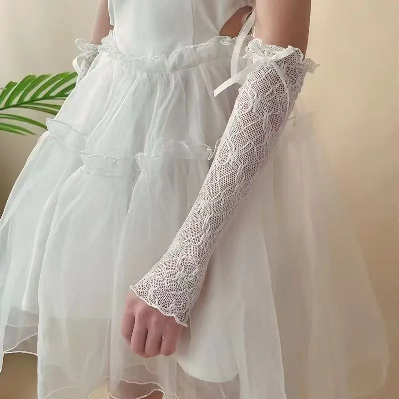 Summer Long Lace Ruffle Mesh Fingerless Gloves Sun Protection Arm Sleeve Sunscreen Thin JK Lolita Kawaii Sexy Fishnet Mittens view 5