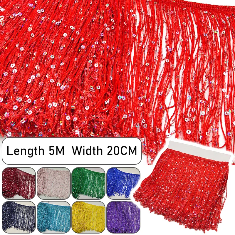 20CM Width Sequin Trim Lace Tassel Fringe Ribbon Fabric Accessories for Sew Latin Dress Stage Garment Curtain DIY Party Supplies