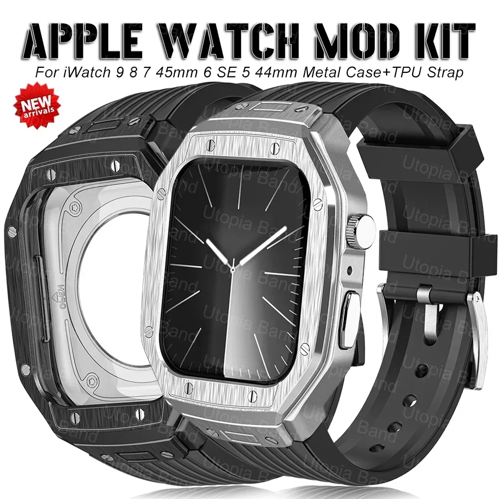 Luksusowe metalowe etui na Apple Watch 9 8 7 45mm zestaw modyfikacyjny do IWatch serii 6 5 4 se 44mm pasek TPU akcesoria zamienne