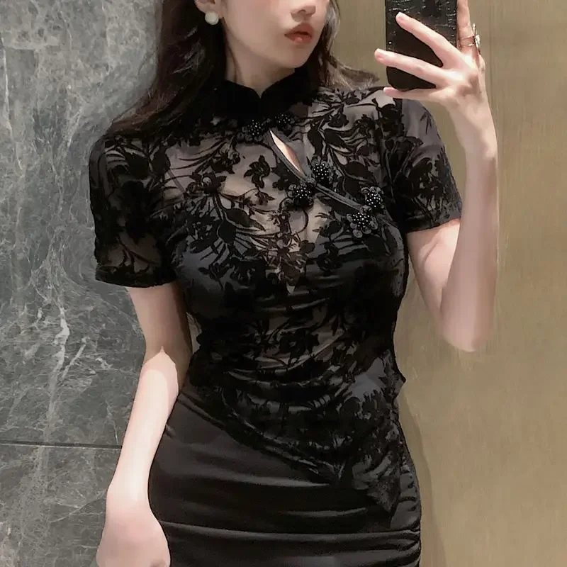 Chinesischen Stil Sommer Shirts Frauen Unregelmäßige Dünne Sheer Sexy Floral Entwickelt Kurzhülse Elegante Dame Vintage Ästhetischen Definiert