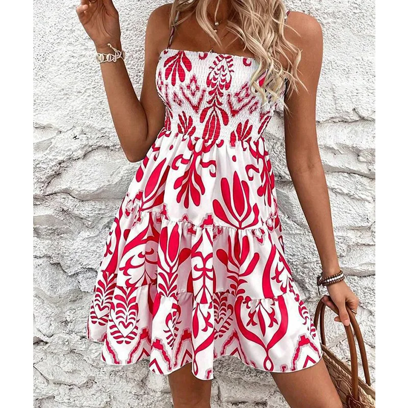Elegancka, seksowna damska letnia mini sukienka w stylu boho, plażowa sukienka letnia, codzienna sukienka na ramiączkach z nadrukiem roślinnym, dopasowana sukienka na imprezę, sukienki Vestidos