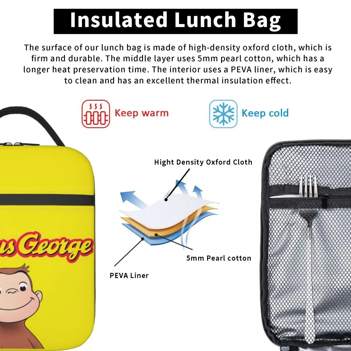 حقائب الغداء الغريبة جورج القابلة لإعادة الاستخدام للنساء متعددة الوظائف قرد الحرارية برودة الغذاء معزول حقيبة الغداء للأطفال مدرسة الأطفال