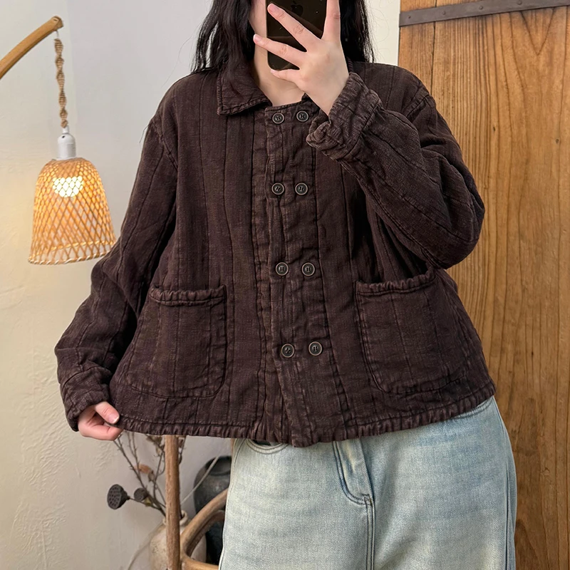 2025 New Arrival Winter Women Casual Double Breasted Long Sleeves Cotton Parkas Turn-down Collar Warm Thickened Coats H124