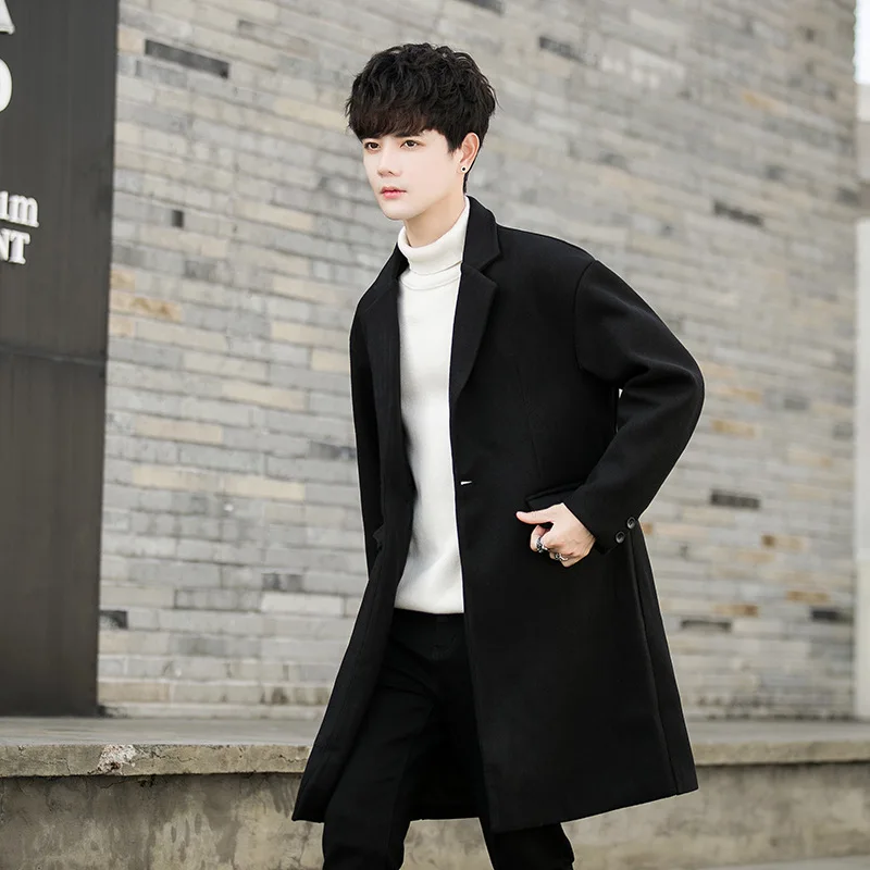 

New Autumn Winter Men's Woolen Coat Casual Mid-Length Briti Sle Clothing Flap ket Lapel Collar Loose Fit Daily Wear