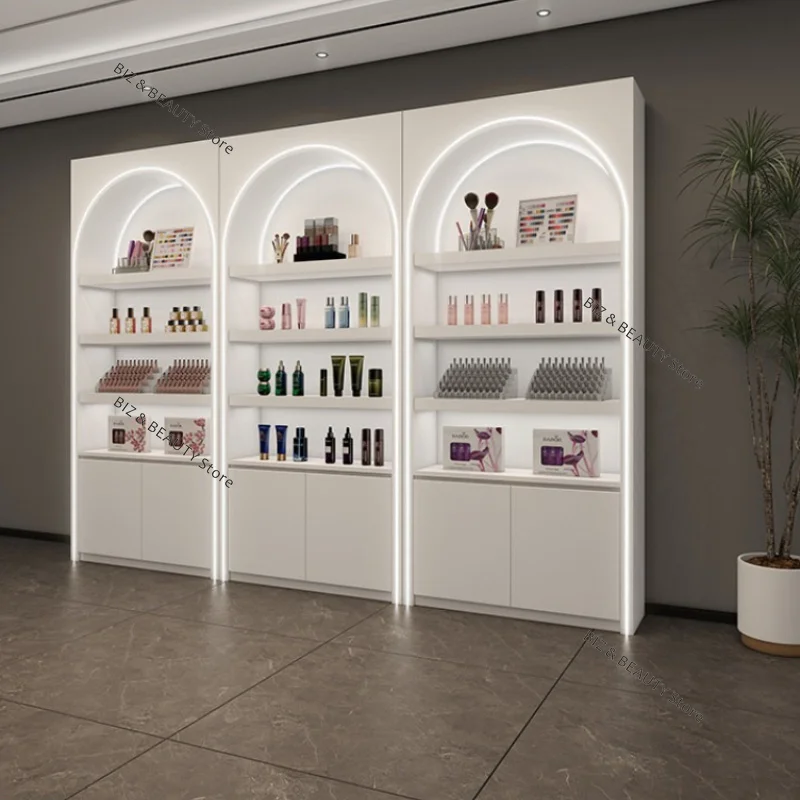 High Gloss Lacquer Cosmetic Display Cabinet - Salon Showcase & Live Streaming Shelves Retail Counter LED Lights Custom JT40