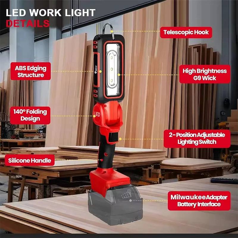 Cordless LED Work Light Two Levels Adjustable 140 Degree Rotating Wide-angle Lighting for Milwaukee 18V Battery