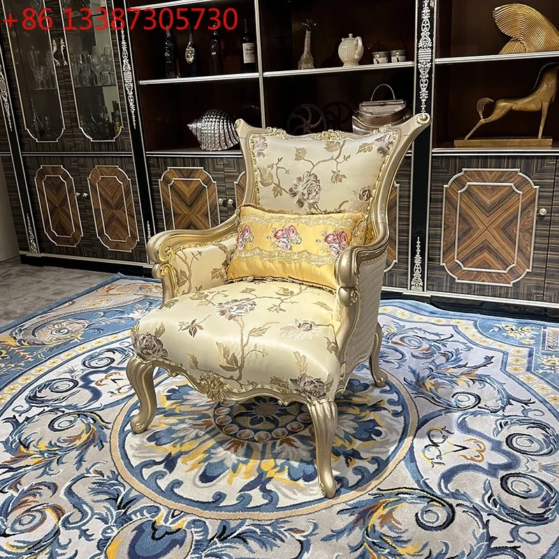 

French solid wood carving flower leisure chair, European fabric sofa chair