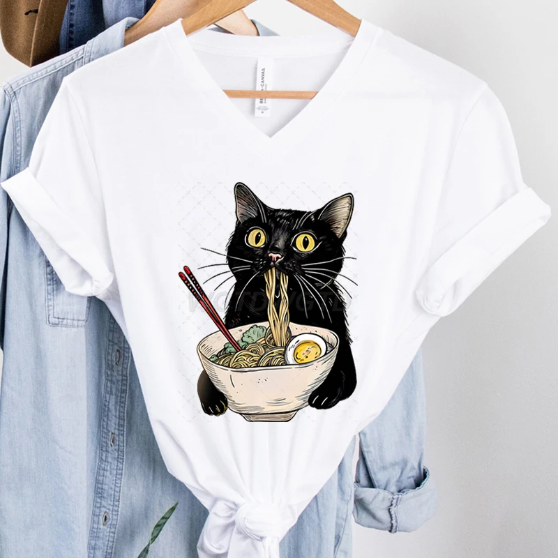 Kawaii Cat Eating Noodle Printed T-shirt Women Ramen Lovers V-neck Casual Tops Japanese Food Cute Cat Lovers Women's Clothing