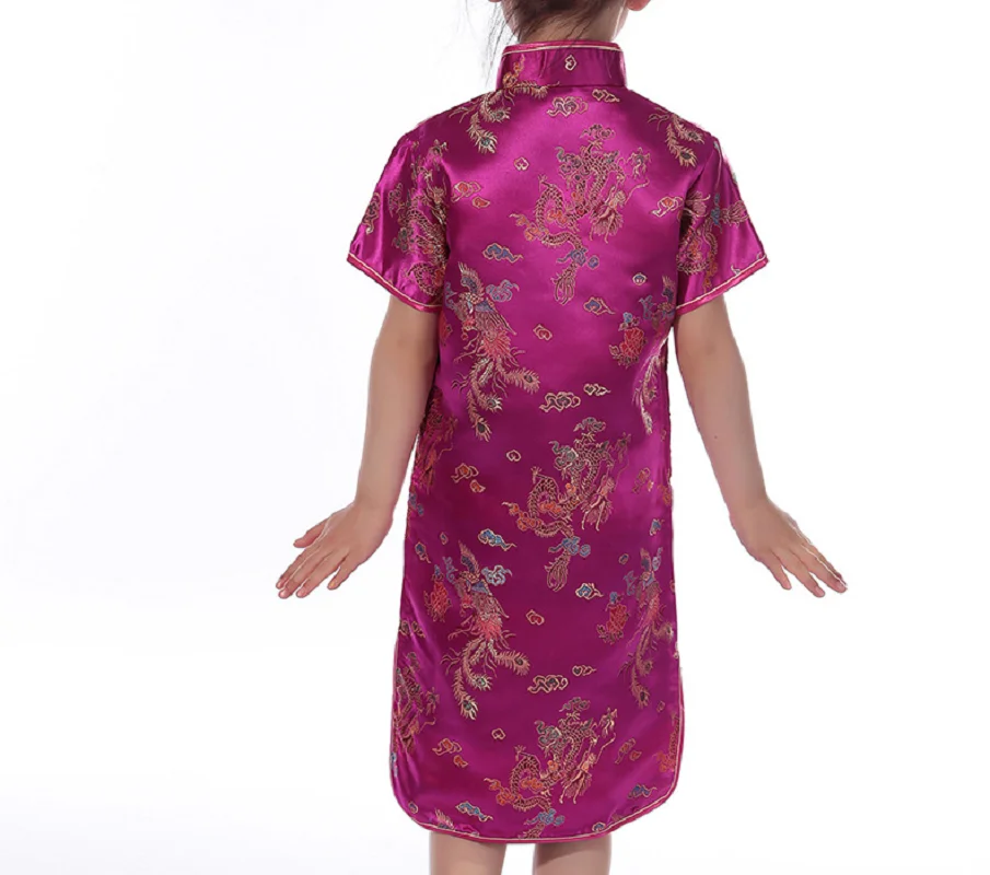 Gran oferta, nuevo traje Tang de satén de seda de alta calidad para niñas de estilo chino QiPao, disfraces Cheongsam estampados para niños, vestido de verano para niñas