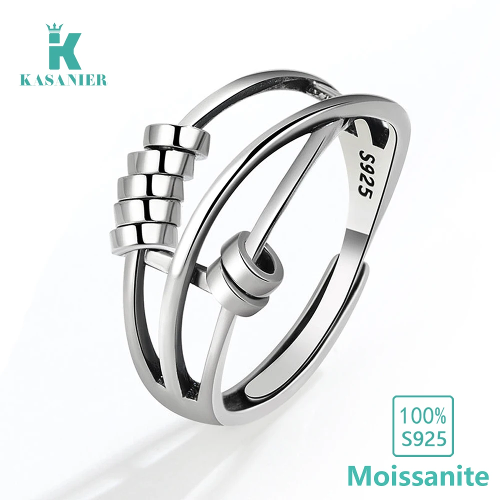 KASANIER S925 Sterling Silver Adjustable Woman Men Anxiety Fidget Ring With Bead Worry Stress Relief Jewelry For Female Rings