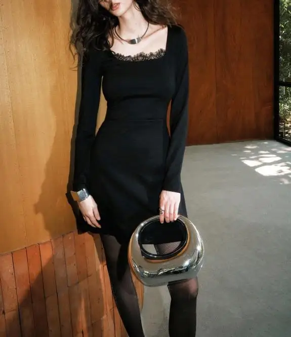 

Women's Dress 2026 Summer Slimming New Style Hepburn Elegant Lace Splicing Square Neck Slimming A-Line Long Sleeve Banquet Dress