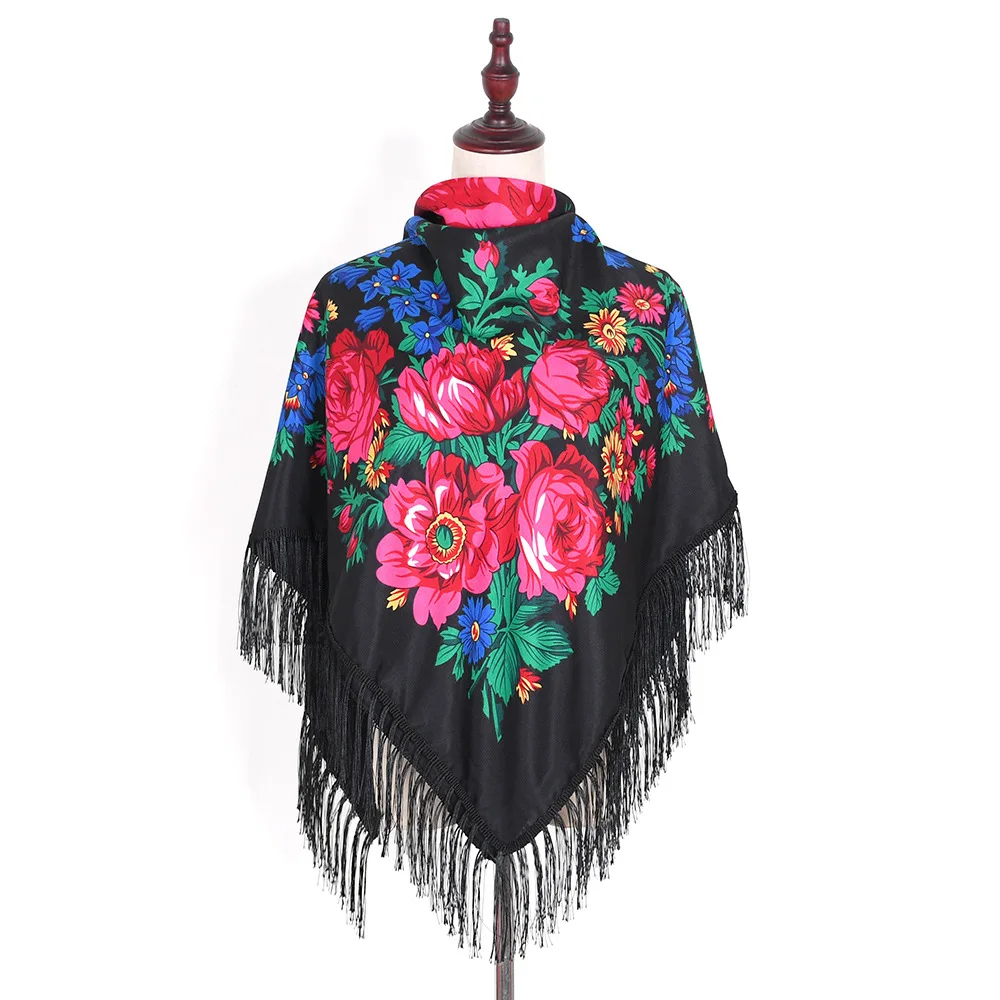 130*130cm Russian National Square Scarves Women Luxury Floral Print Fringed Ukrainian Shawls Babushka Handkerchief Head Wraps