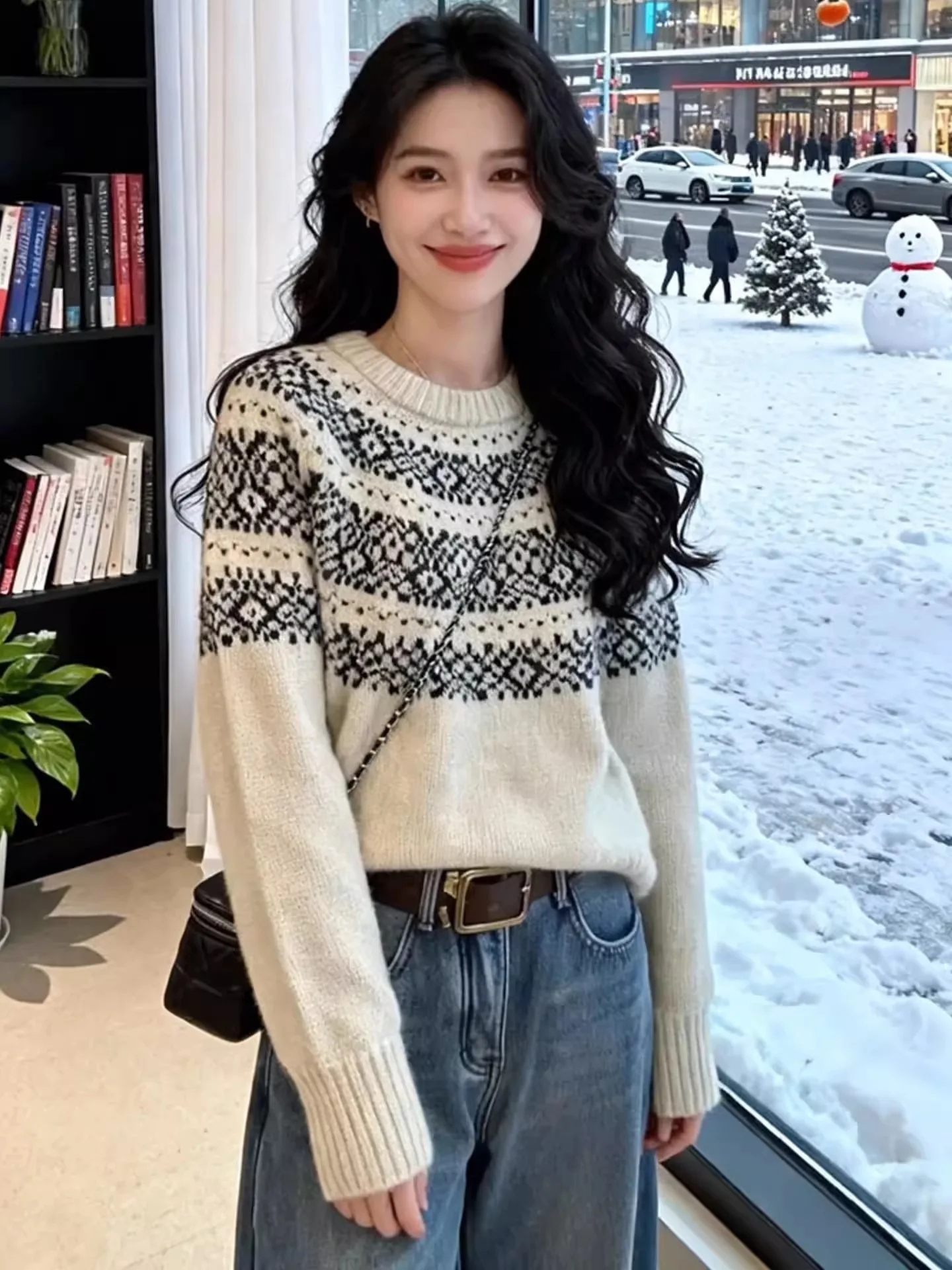 Sweter damski w stylu retro Fair Isle, luźny krój, nowy model zimowy, swobodny styl, wyszczuplający, dzianinowy top bazowy.