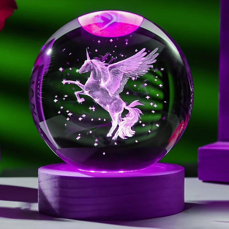 1 PC Unicorn 3D Laser Carved Crystal Ball and Wooden Colored LED Light Holder, Home Decoration Orbum, Girlfriend, Colleague, WIF