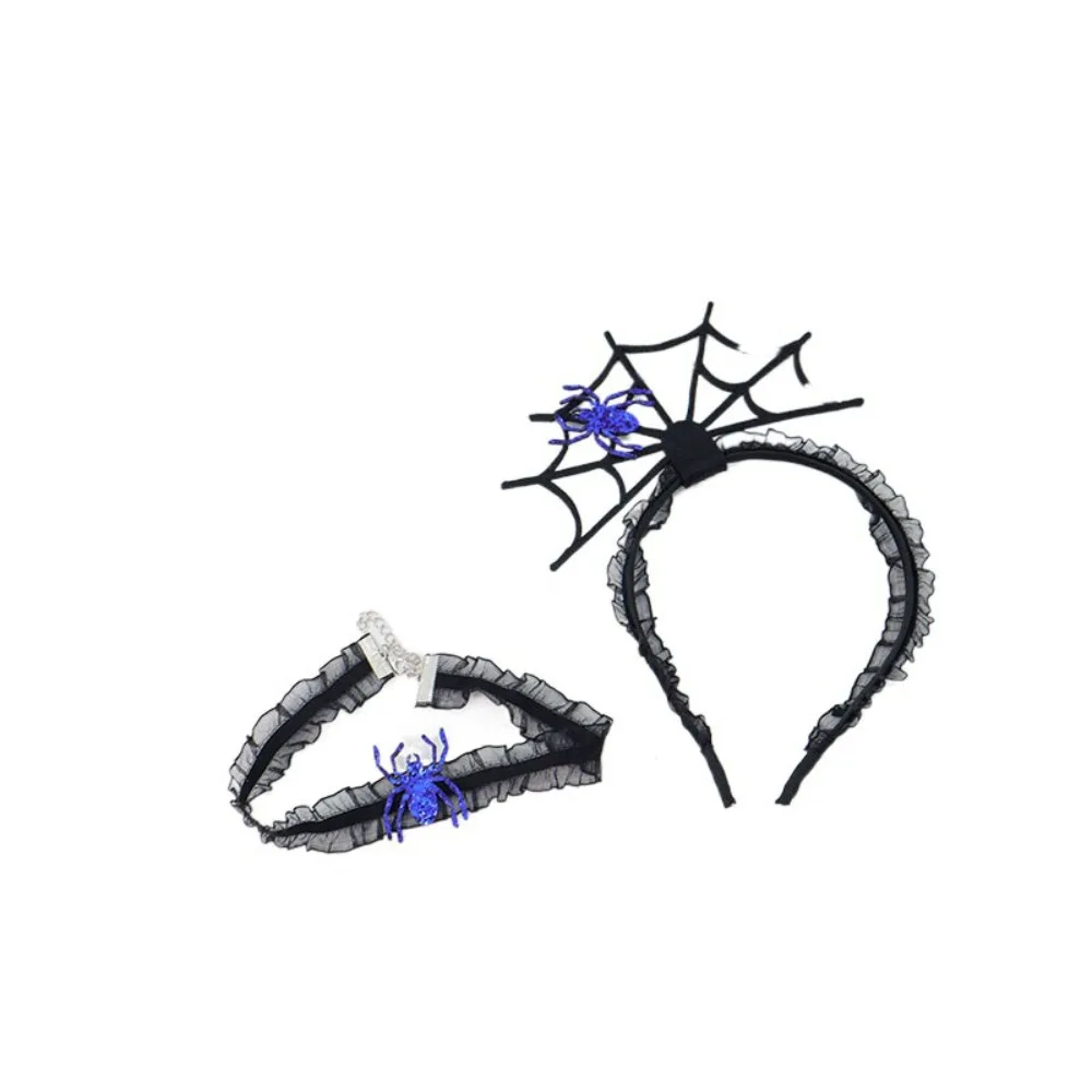 

Fashion Black Halloween Headband Ruffles Mesh Hairband Necklace Set Hollow Cosplay Props Spider Web Hairband Party